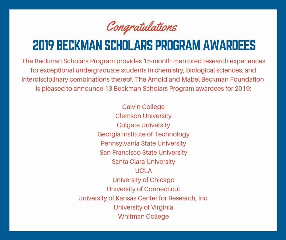 Beckman Foundation Announces 2019 Beckman Scholars Program Awardees